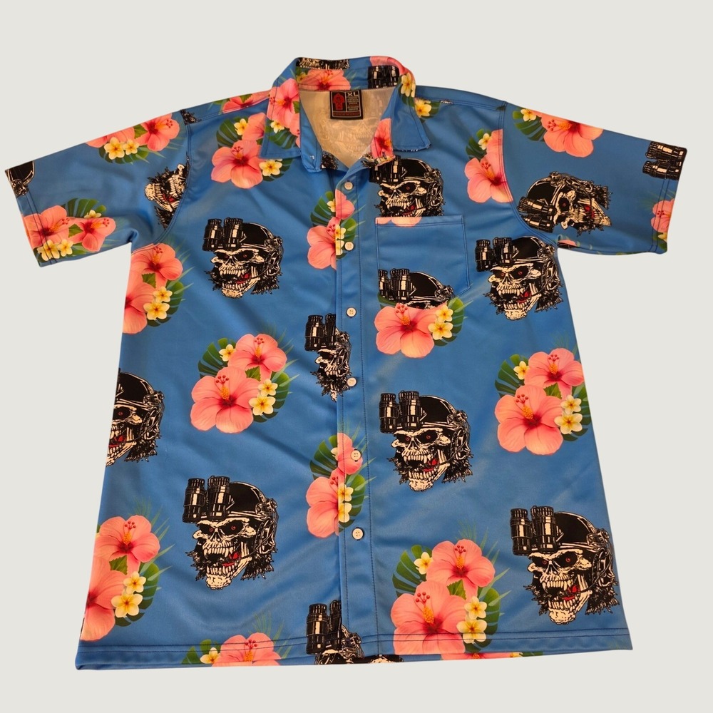 OAF Nation Mens XL Aloha Tactical Skull NVG Hibiscus Blue Button Up Shirt